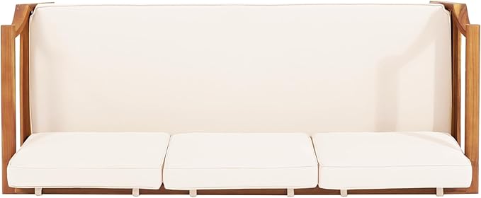 Christopher Knight Home Aston Outdoor 3 Seater Sofa, Upholstered Cushion Couch, Acacia Wood Bench Sofa, Slat Armchair - Photo 7