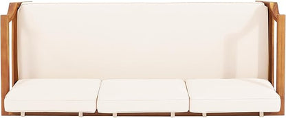 Christopher Knight Home Aston Outdoor 3 Seater Sofa, Upholstered Cushion Couch, Acacia Wood Bench Sofa, Slat Armchair, 73.25" W Spacious Seating Bench Couch for Gardern Porch Balcony, Teak+Beige