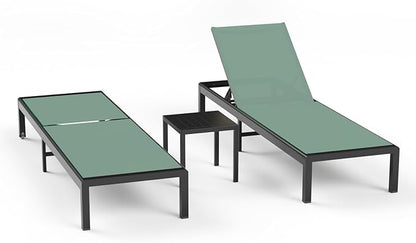 Aluminum Lounge Chairs Outdoor Chaise Furniture,2 Sets Patio Metal Deck Lounger Adjustable 5-Position Poolside Chase Recliner with Wheels for Beach,Coffee Table, (Green, 2 Chair＋Table)