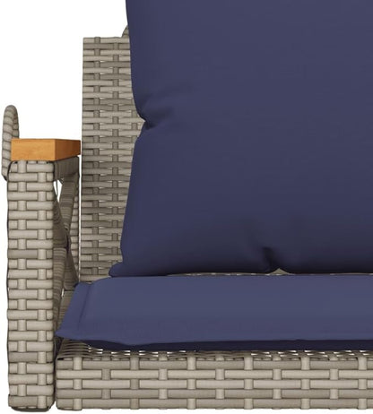 Gray PE Rattan Swing Bench with Navy Plush Cushions, Powder-Coated Steel Frame and Synthetic Rattan for Outdoor Lounging on Patio, Garden or Balcony, Compact Single Seat