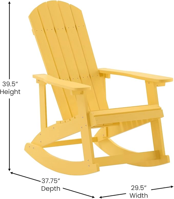 Flash Furniture Savannah Poly Resin Wood Adirondack Rocking Chair - All Weather Yellow Polystyrene - Stainless Steel Hardware - Set of 2
