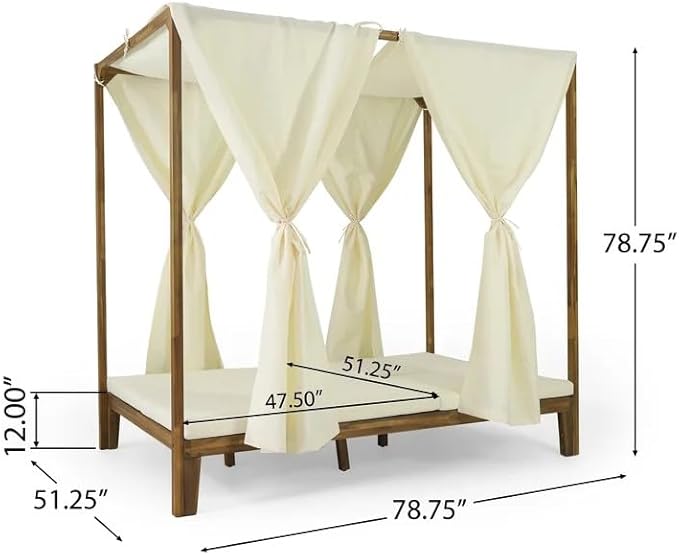 Christopher Knight Home Kenzie Acacia Wood Outdoor Daybed with Canopy, Double Chaise Lounge Chair Outdoor with Cushion - Photo 2