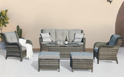 HUMMUH Outdoor Coffee Table Patio Rattan Patio Side Table Built-in Black Glass Top PE Wicker Rectangle Sofa Table Grey