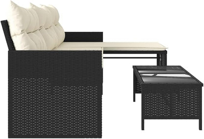 vidaXL Patio Sofa Set - L-Shaped Black Poly Rattan, Powder-Coated Steel Frame with Cream Cushions, Tempered Glass Coffee Table for Garden/Deck