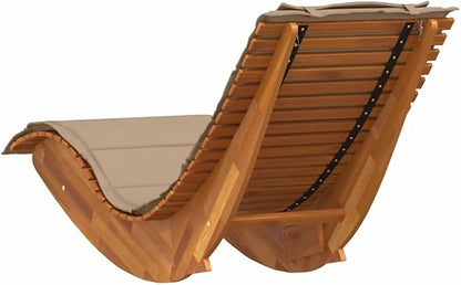 Outdoor Rocking Sun Lounger with Cushion, Acacia Wood Reclining Patio Chair for Garden, Poolside, Deck, Taupe Padded Seat
