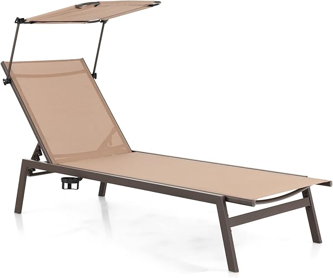 Giantex Outdoor Chaise Lounge Chair- Tanning Chair with Sunshade, 6 Adjustable Position, Sturdy Metal Frame, Cup Holder, Outside Lounger for Poolside, Backyard Sunbathing Chair (1, Brown)