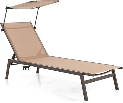 Giantex Outdoor Chaise Lounge Chair- Tanning Chair with Sunshade, 6 Adjustable Position, Sturdy Metal Frame, Cup Holder, Outside Lounger for Poolside, Backyard Sunbathing Chair (1, Brown)