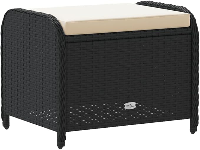 vidaXL Patio Stool - Black Poly Rattan Ottoman with Cream White Cushion - Outdoor Garden Deck Furniture
