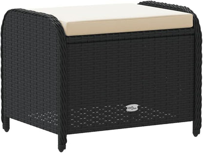 vidaXL Patio Stool - Black Poly Rattan Ottoman with Cream White Cushion - Outdoor Garden Deck Furniture