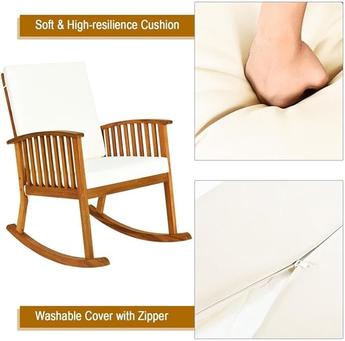 Pemberly Row 2-Pcs Acacia Wood Outdoor Rocking Chairs, Brown Finish, Ergonomic Design with Weather-Resistant Cushions, Rustic Style Porch or Patio Seating, 36.5" H x 25" W x 35.5" L