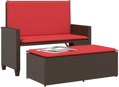 Patio Bench with Cushions and Footstool Brown Poly Rattan Garden Bench Park for Garden Lawn