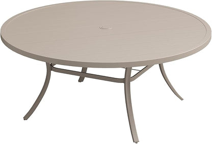 Patio Dining Table for 8-10, Round Metal Outdoor Table with 1.57" Umbrella Hole, 63" Outdoor Slat Tabletop Dining Table for Backyard, Porch, Lawn, Sand
