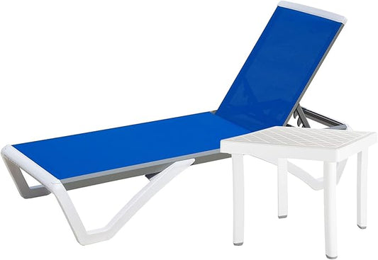 Domi Pool Lounge Chair Aluminum Adjustable Outdoor Chaise Lounge,All Weather Plastic Poolside Lounge Chair with Table for Deck Lawn Backyard, Blue Textilene
