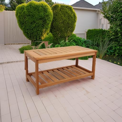 Sunnydaze Meranti Wood Outdoor Coffee Table with Storage Shelf for Living Room, Patio, or Outside – 35-Inch Rectangular Wooden Coffee Table – Ideal for Backyard Living – Teak Finish