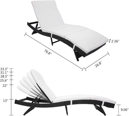 VINGLI Adjustable Patio Wicker Chaise Lounge Outdoor, Rattan Outdoor Lounge Chair, All Weather Patio Chaise Lounge with Adjustable Backrest and Soft Cushions (Black)