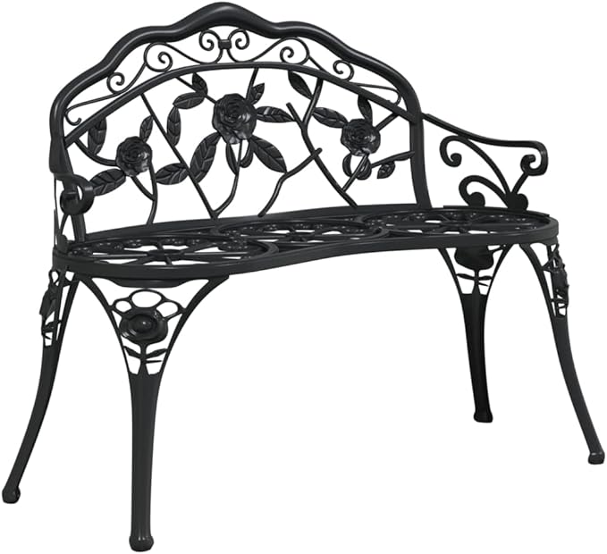 Traditional Cast Iron Garden Bench with Decorative Floral Inlays, 2-Person Outdoor Seating, Black Matte Finish, Sturdy and Weather-Resistant for Patio, Park, or Garden