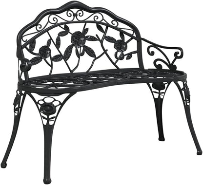 Traditional Cast Iron Garden Bench with Decorative Floral Inlays, 2-Person Outdoor Seating, Sturdy Black Matte Finish for Patio, Park, or Garden, Weather-Resistant