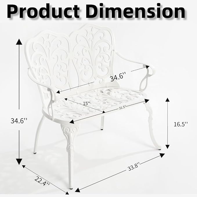 Patio Aluminum Outdoor Bench, Garden Metal Loveseat Furniture, Vintage Carving Antique White Front Porch Chair Seat