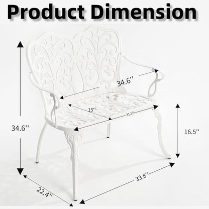 Patio Aluminum Outdoor Bench, Garden Metal Loveseat Furniture, Vintage Carving Antique White Front Porch Chair Seat