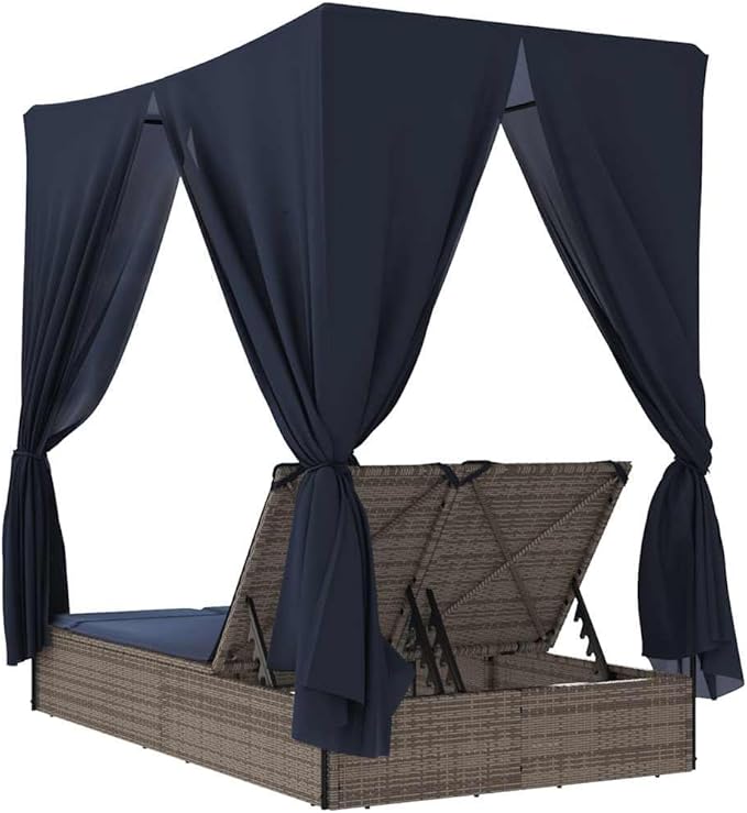 Double Chaise Lounge 78.7"x44.9"x77.2" Gray PE Rattan Adjustable Backrest UV Roof Curtains Navy Cushion Pool Garden - Photo 7