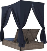 Double Chaise Lounge 78.7"x44.9"x77.2" Gray PE Rattan Adjustable Backrest UV Roof Curtains Navy Cushion Pool Garden - Photo 7