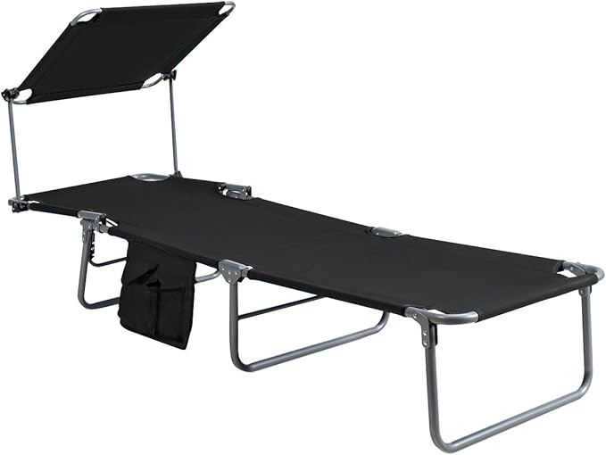 Giantex Tanning Chair, Patio Chaise Lounge Chair with 5 Adjustable Position, Shade Canopy, Storage Pocket, Camping Cot, Outdoor Sunbathing Recliner for Poolside, Lawn Folding Beach Chairs(2, Black)