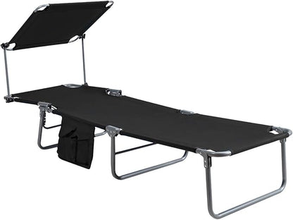 Giantex Tanning Chair, Patio Chaise Lounge Chair with 5 Adjustable Position, Shade Canopy, Storage Pocket, Camping Cot, Outdoor Sunbathing Recliner for Poolside, Lawn Folding Beach Chairs(2, Black)