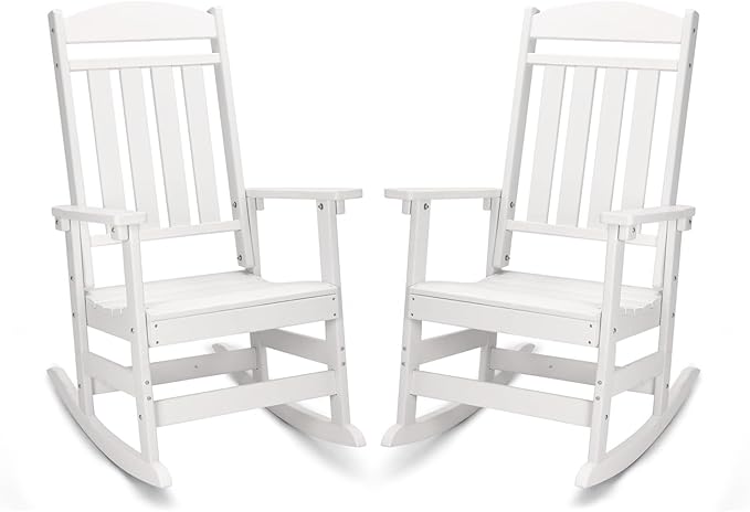 FOOWIN Patio Rocking Chairs Set of 2,HDPE High Back Porch Rocker,All Weather Resistant Poly Lumber Outdoor Porch Rocker, Rocking Chairs for Outdoor, Indoor, Patio, Deck, Garden White