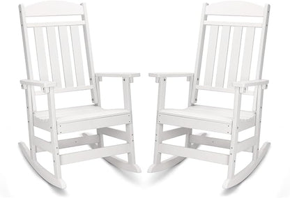 FOOWIN Patio Rocking Chairs Set of 2,HDPE High Back Porch Rocker,All Weather Resistant Poly Lumber Outdoor Porch Rocker, Rocking Chairs for Outdoor, Indoor, Patio, Deck, Garden White
