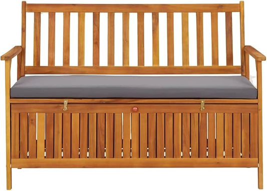 Rustic Solid Acacia Wood Storage Bench with Dark Grey Seat Cushion and Natural Wood Finish for Indoor Outdoor Use, Durable Seating Furniture with Generous Internal Space,