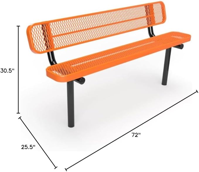 COATEDOUTDOORFURNITURE Coated Outdoor Furniture Heavy-Duty Outdoor Bench Thermoplastic Coated, Expanded Metal, Commercial-Grade Seating, Made in America (Inground with Back, 6 Ft, Orange)