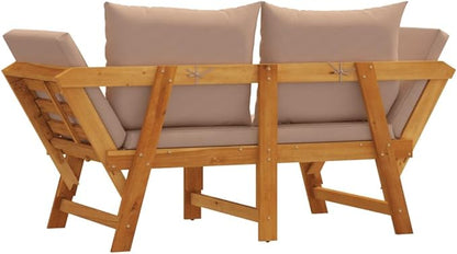 Convertible Acacia Wood Garden Bench with Adjustable Armrests and Comfortable Cushions for Outdoor Seating Taupe, 29.1 x 80.7 x 25.9 in