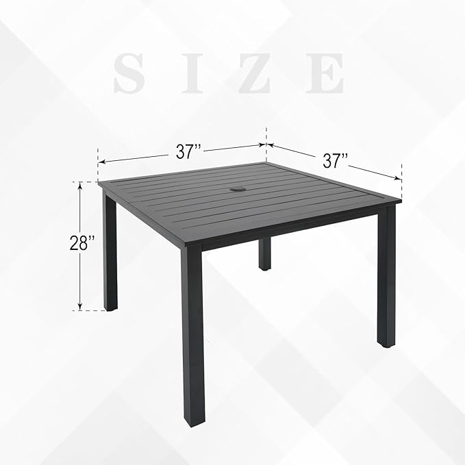 Patio Table for 4, Metal Outdoor Dining Table with E-Coating, Square Steel Slated Outdoor Table with 1.57" Umbrella Hole for Garden Backyard, Black