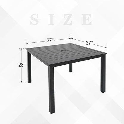 Patio Table for 4, Metal Outdoor Dining Table with E-Coating, Square Steel Slated Outdoor Table with 1.57" Umbrella Hole for Garden Backyard, Black