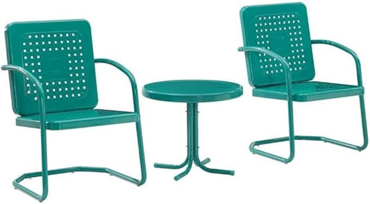 Pemberly Row 3 Piece Metal Outdoor Chair Set, Turquoise Gloss Finish, Retro Patio Furniture with Basket Weave Design, Cantilever Base Chairs and Pedestal Side Table, Weatherproof for Small Outdoor