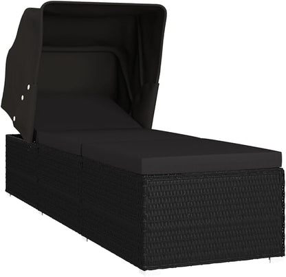 Black PE Rattan Chaise Lounge Chair with Adjustable Backrest and Sun Canopy, 23.6 x 76.8 x 43.3 in Folding Patio Poolside Sunlounger for Balcony Deck Garden and Outdoor Relaxation