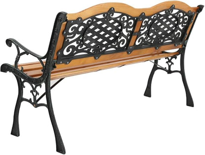 49" Outdoor Garden Bench, Patio Furniture Outdoor Chair with Hardwood Slats and Cast Iron Frame, Weather Proof 2-Person Outdoor Loveseat for Park, Porch, Pool, Backyard