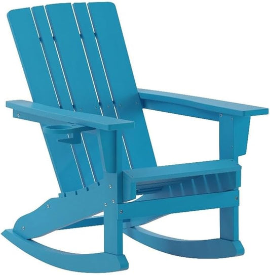BOWERY HILL Plastic Rocking Adirondack Chair, 37.25" H x 33.5" W x 32.75" D, Blue Finish, HDPE Material, Cupholder, Indoor/Outdoor Weather-Resistant Design, Comfortable Porch Seating