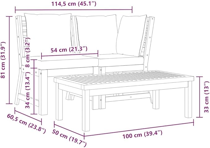 3-Piece Vintage Garden Lounge Set with Dark Grey Cushions Solid Acacia Wood Corner Sofa Coffee Table Outdoor Patio Furniture Weather Resistant Modular Seating
