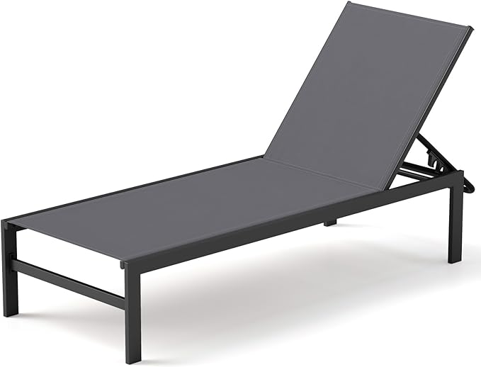 HAPPYGRILL Aluminum Chaise Lounge Chair, Heavy-Duty Patio Recliner W/ 6-Level Backrest & Breathable Fabric, Outdoor Lightweight Reclining Lounge Chair for Backyard, Poolside, Porch (1, Grey)