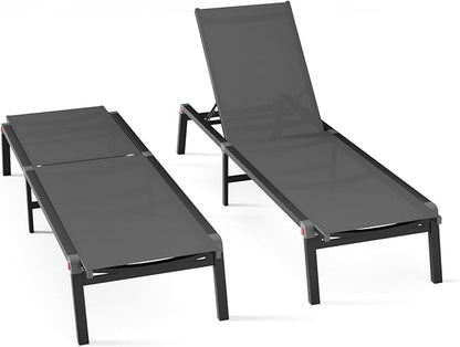Aluminum Chaise Foldable Patio Lounge Chair Outdoor, Metal Deck Lounger Adjustable 5-Position Recliner Pool Chase Breathable Full Flat Outside Sun Tanning Chairs for Beach/Poolside/Lawn(Grey, 2 Pack)