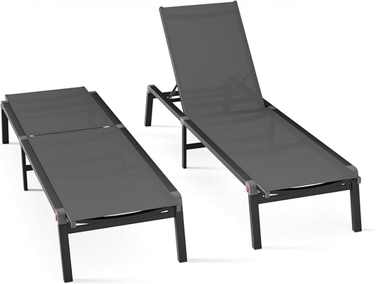 Aluminum Chaise Foldable Patio Lounge Chair Outdoor, Metal Deck Lounger Adjustable 5-Position Recliner Pool Chase Breathable Full Flat Outside Sun Tanning Chairs for Beach/Poolside/Lawn(Grey, 2 Pack)