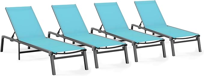 Patio Chaise Lounge Chair Set of 4, Foldable Lounge Chair for Outside, Aluminum Chairs with 5 Adjustable Backrest, Outdoor Pool Lounger for Poolside, Lawn, Patio, Lake Blue