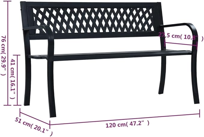 Patio Bench Black 47.2" Steel Outdoor Benches Garden Benches Patio Benches Bench with Backrest Metal Outdoor Furniture Metal Patio Furniture