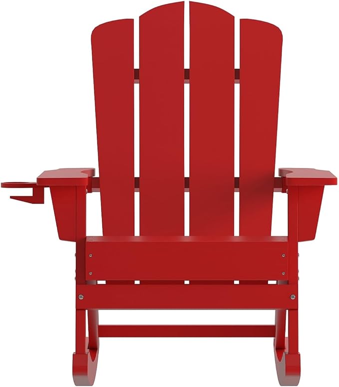 Flash Furniture Newport Adirondack Rocking Chairs with Cup Holder, Weather Resistant Poly Resin Adirondack Rocking Chairs, Set of 2, Red