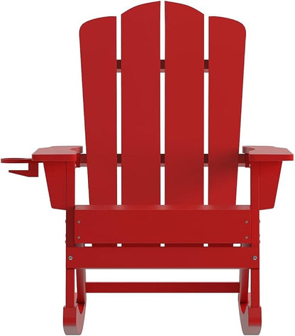 Flash Furniture Newport Adirondack Rocking Chairs with Cup Holder, Weather Resistant Poly Resin Adirondack Rocking Chairs, Set of 2, Red