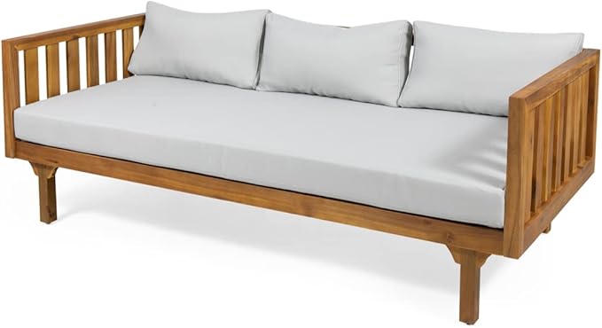 Christopher Knight Home Tina Outdoor 3 Seater Acacia Wood Daybed, Teak Finish, Light Grey - Photo 5