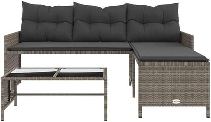 vidaXL Patio Garden Sofa Set L-Shaped Gray Poly Rattan with Table - Outdoor Seating with Washable Cushions for Deck, Terrace