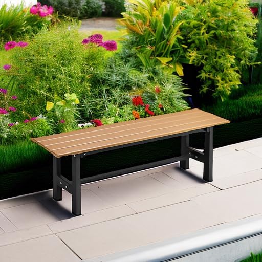 Tangkula 47 Inch HDPE Outdoor Bench Backless, Patio Garden Dining Bench with Slatted Seat & Heavy-duty Metal Frame, 660 LBS Capacity, Weatherproof Outside Bench for Park, Yard, Entryway & Porch, Brown