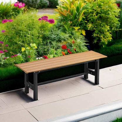 Tangkula 47 Inch HDPE Outdoor Bench Backless, Patio Garden Dining Bench with Slatted Seat & Heavy-duty Metal Frame, 660 LBS Capacity, Weatherproof Outside Bench for Park, Yard, Entryway & Porch, Brown